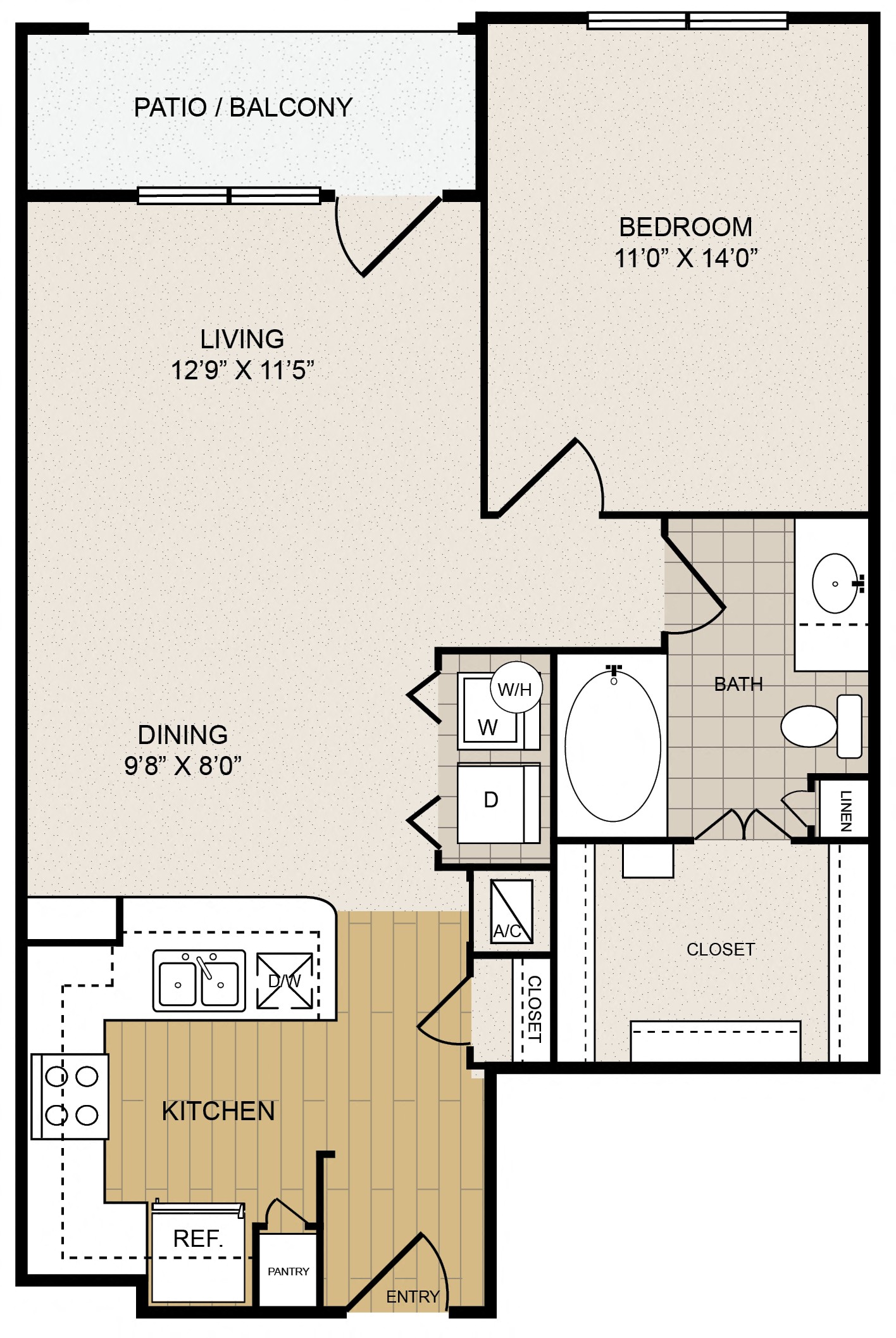 Floor plan for 1 bed, 1 bath, 786 sqft